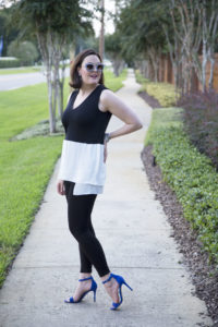 black and white top, black leggings, blue high heels, blue sandals, prada sunglasses, hermes bracelet, david yurman bracelet