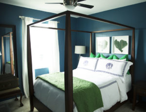 Blue and white and green guest room, bedroom, coastal, sea fans, blue walls, cozy guest room, monogrammed bedding, how to prepare for guests, what you need for guests, make guests feel at home