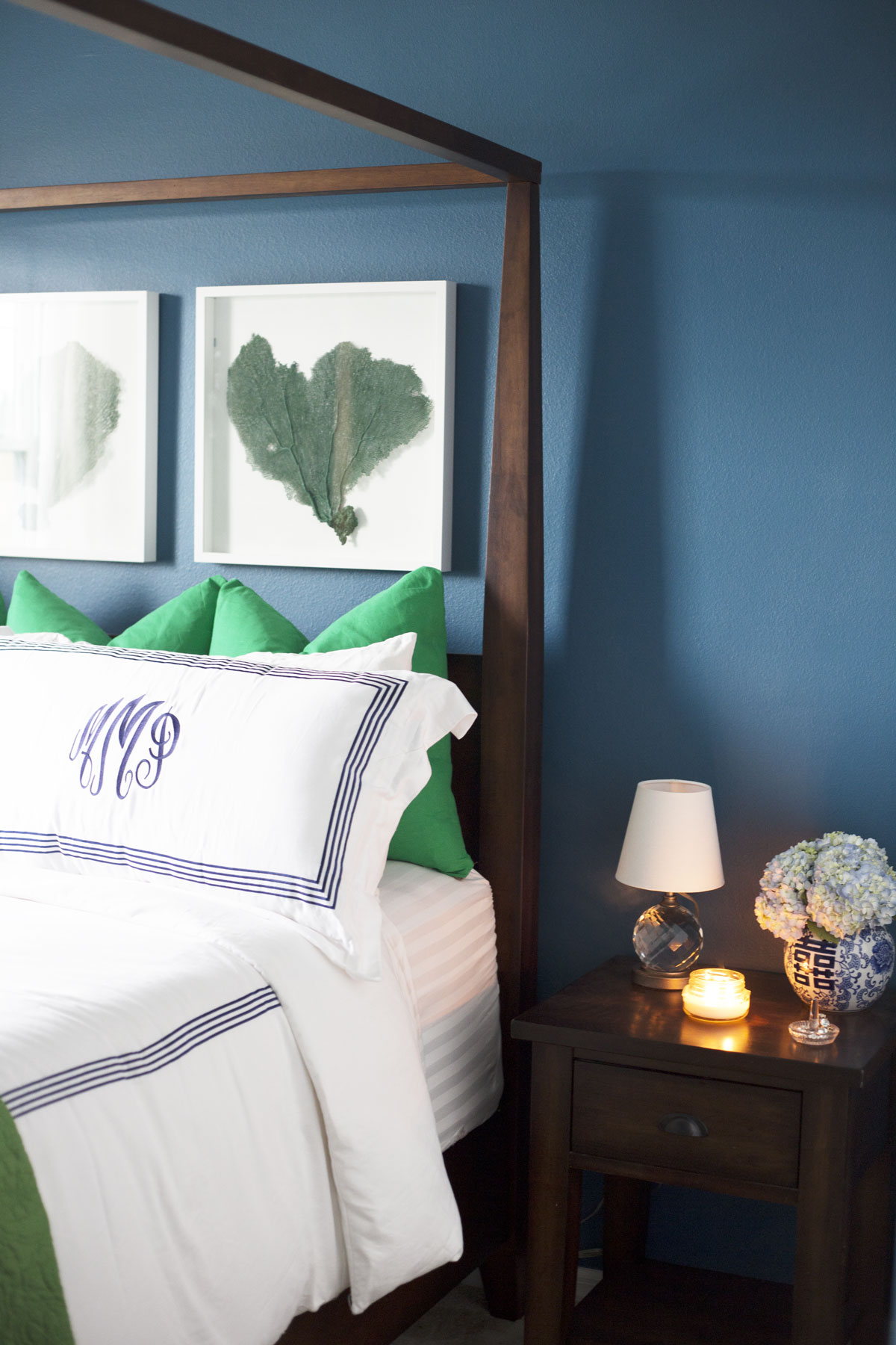 cozy guest room, blue and white bedroom, blue walls, green bedroom,