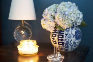 cozy guest room, blue and white bedroom, blue walls, green bedroom,