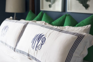 cozy guest room, blue and white bedroom, blue walls, green bedroom,