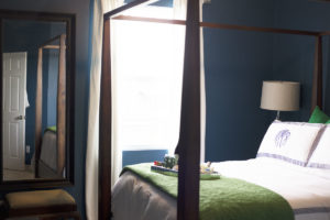 cozy guest room, blue and white bedroom, blue walls, green bedroom,