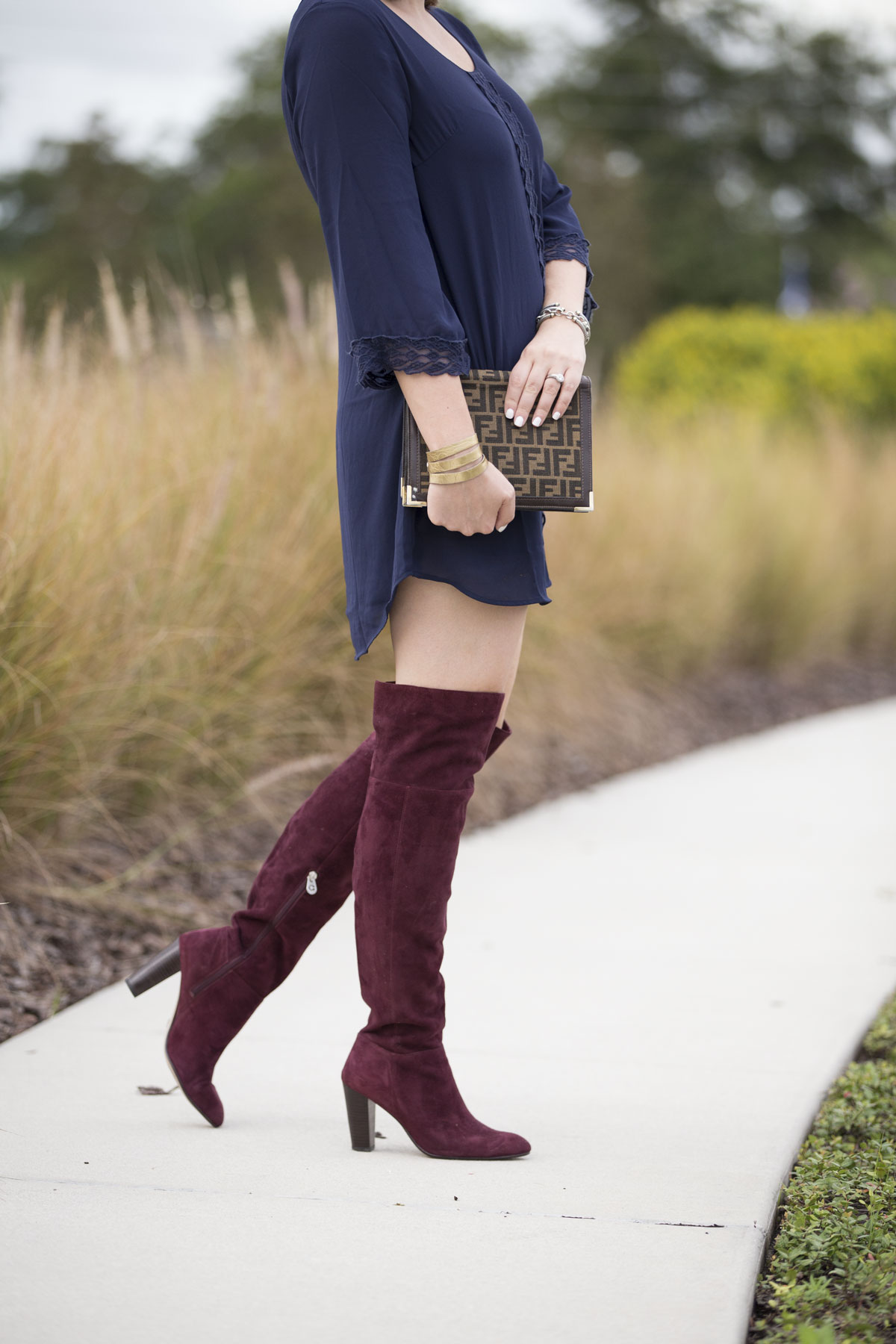 Blue dress with over the knee boots