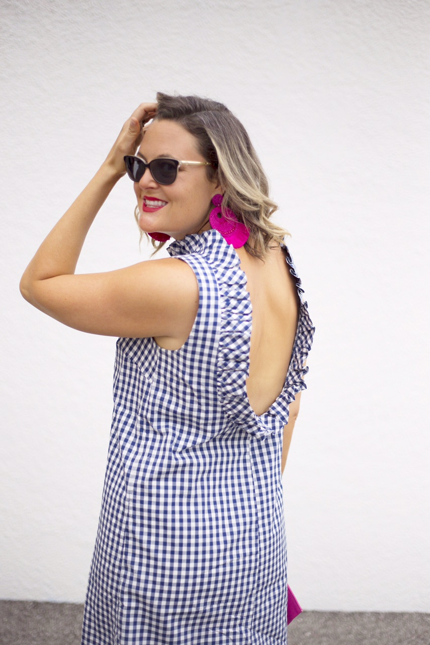 Gingham Dress and pink earrings 